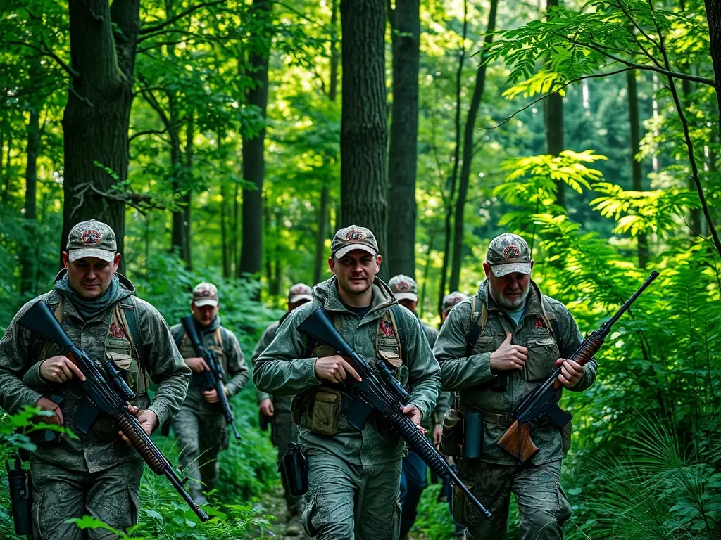 A serene landscape featuring a well-managed hunting area with diverse wildlife, showcasing A.C.C.A.'s commitment to sustainable hunting practices and wildlife conservation.