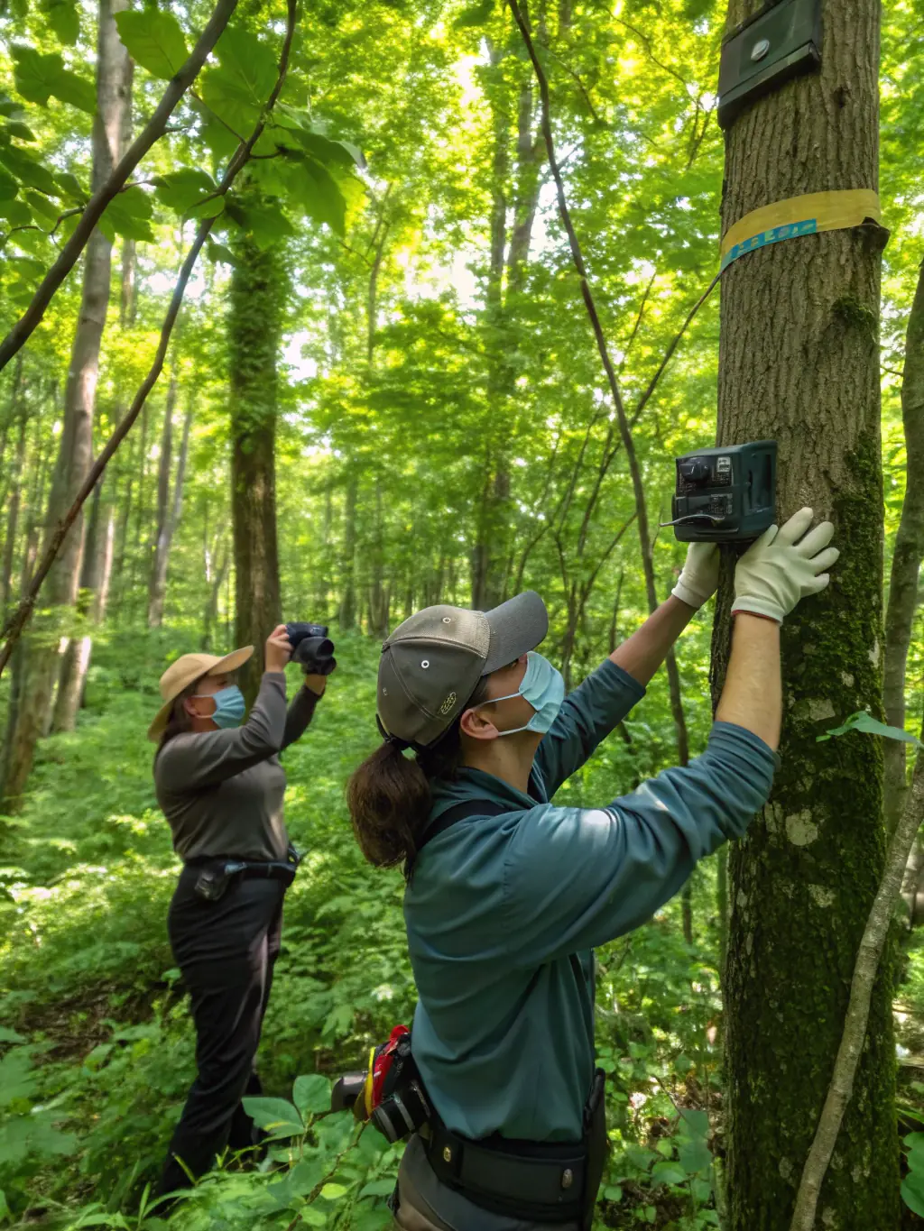 An image showing a group of A.C.C.A. members conducting a wildlife census in a local forest, using binoculars and recording data.