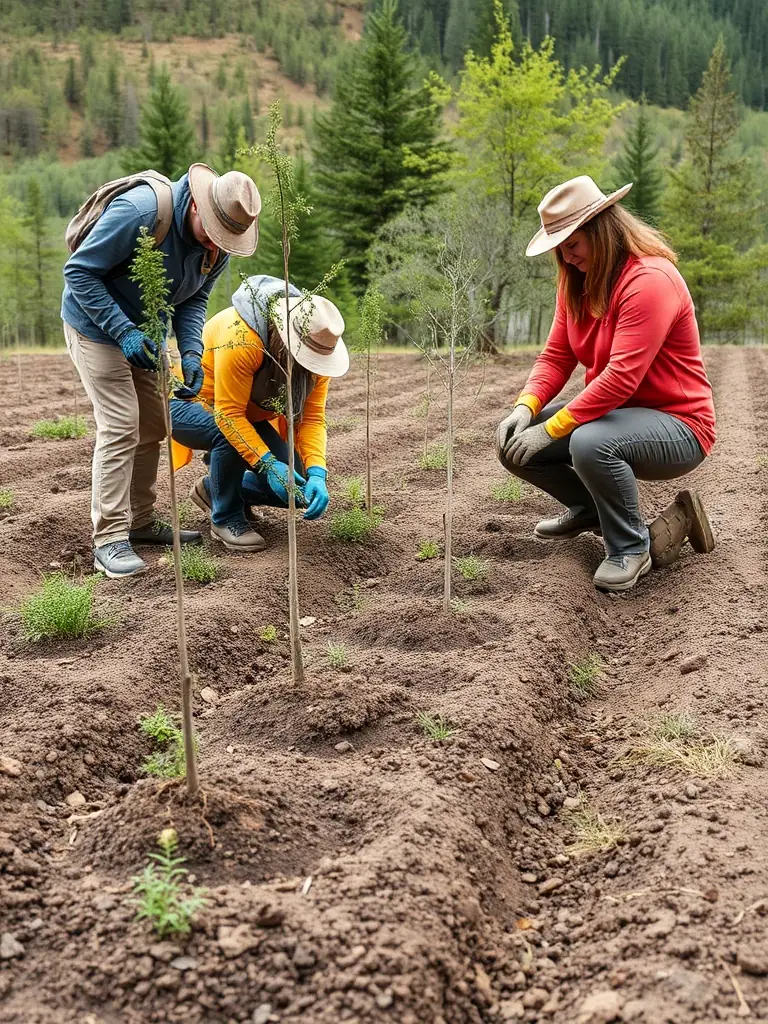 A photograph capturing volunteers planting native trees in a deforested area, illustrating the organization's reforestation efforts.