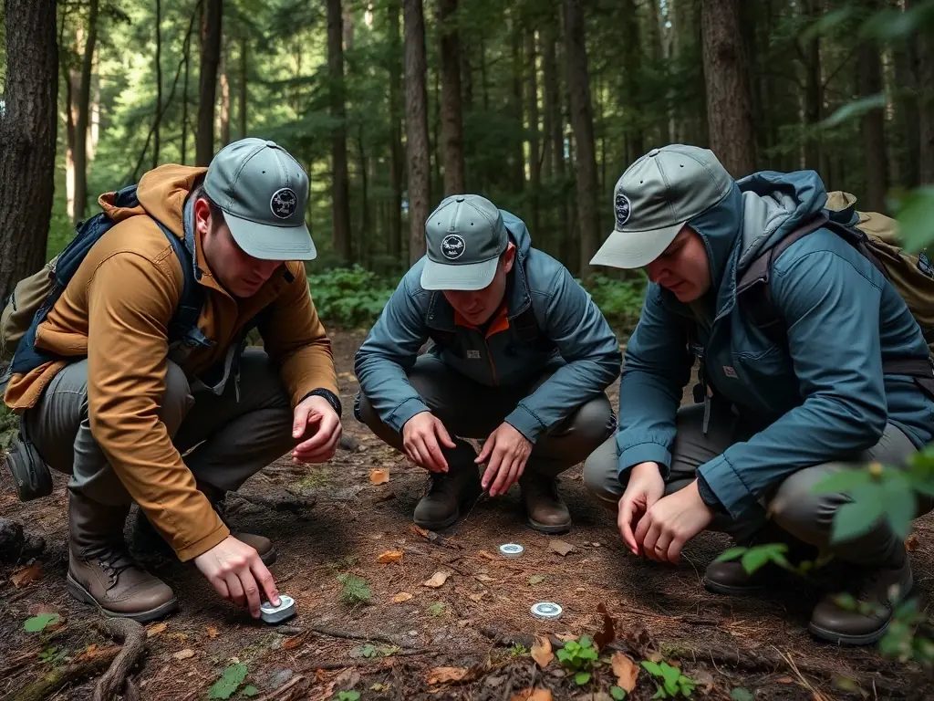 A.C.C.A. members conducting a wildlife survey, using binoculars and tracking equipment to monitor animal populations and their health.